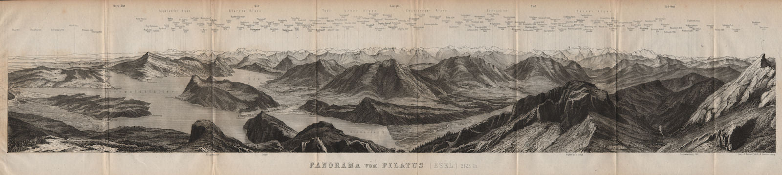 PANORAMA from/von PILATUS. Vierwaldstättersee. Lake Lucerne. Schweiz 1893 map